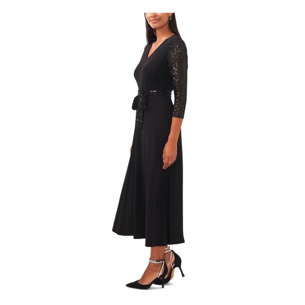 MSK Womens Black 3/4 Sleeve V Neck Midi Party Fit + Flare Dress XL - Picture 3 of 3